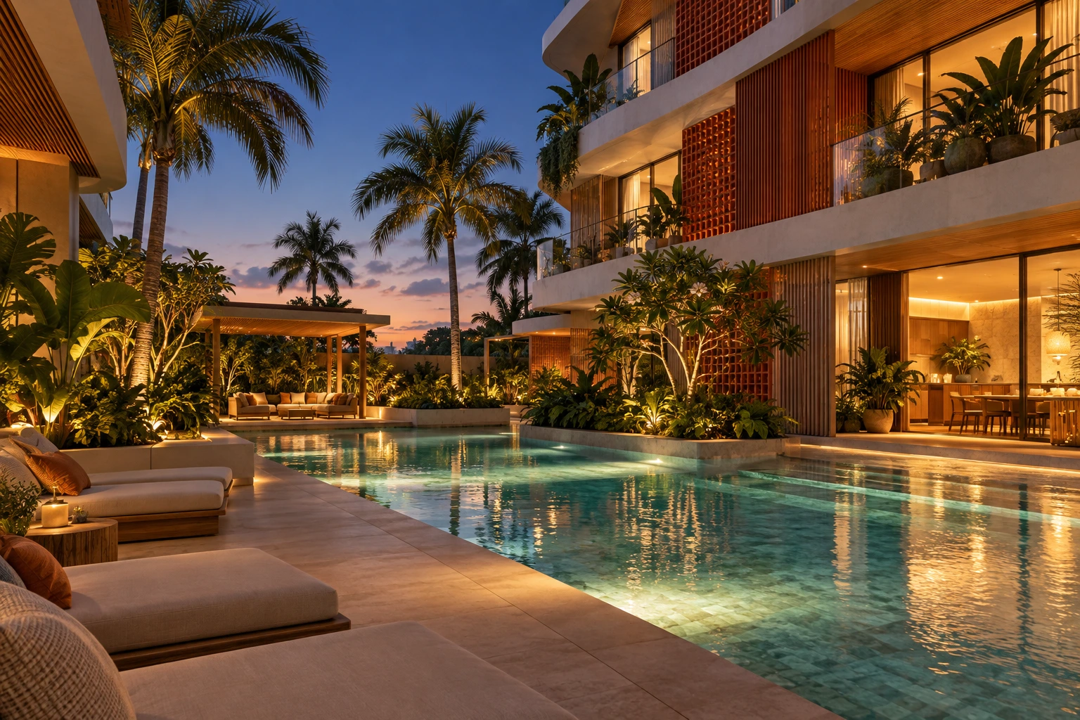 Conceito arquitetônico 3D ilustrativo de área residencial com piscina e paisagismo tropical