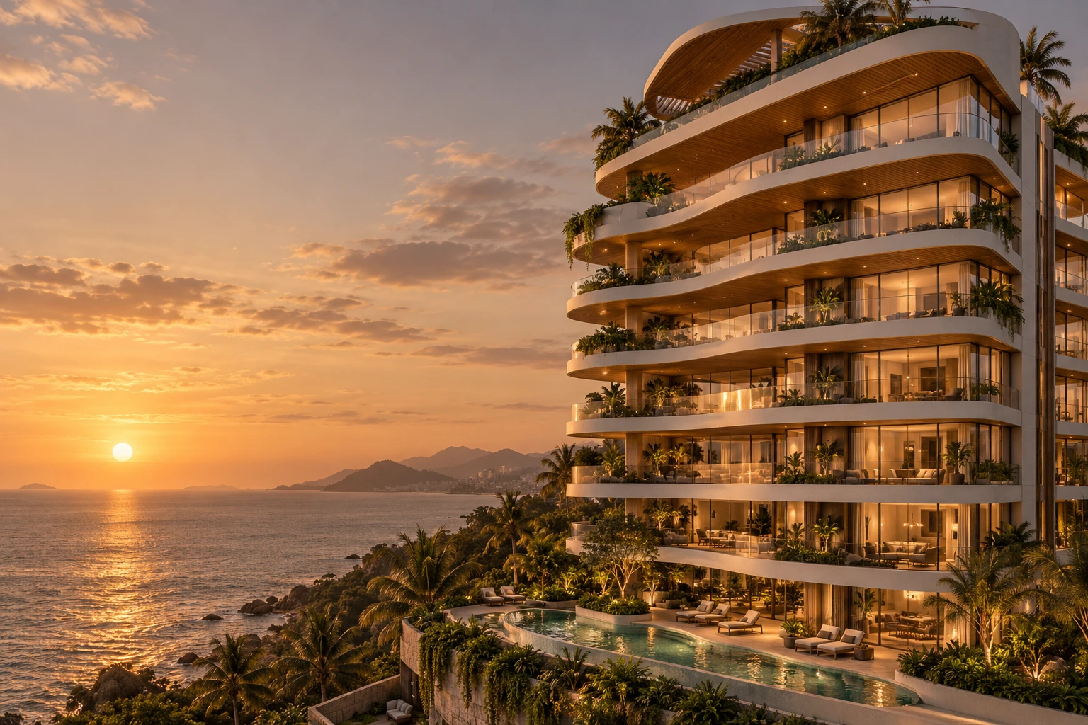 Perspectiva 3D ilustrativa de edifício residencial contemporâneo junto ao litoral