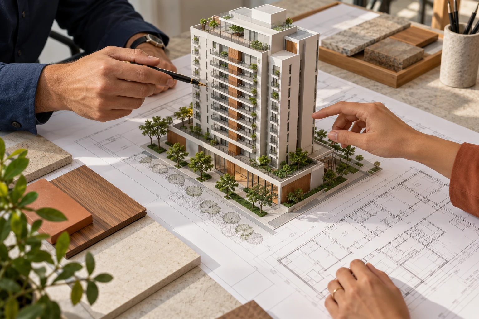 Imagem ilustrativa de planejamento de empreendimento com maquete e plantas